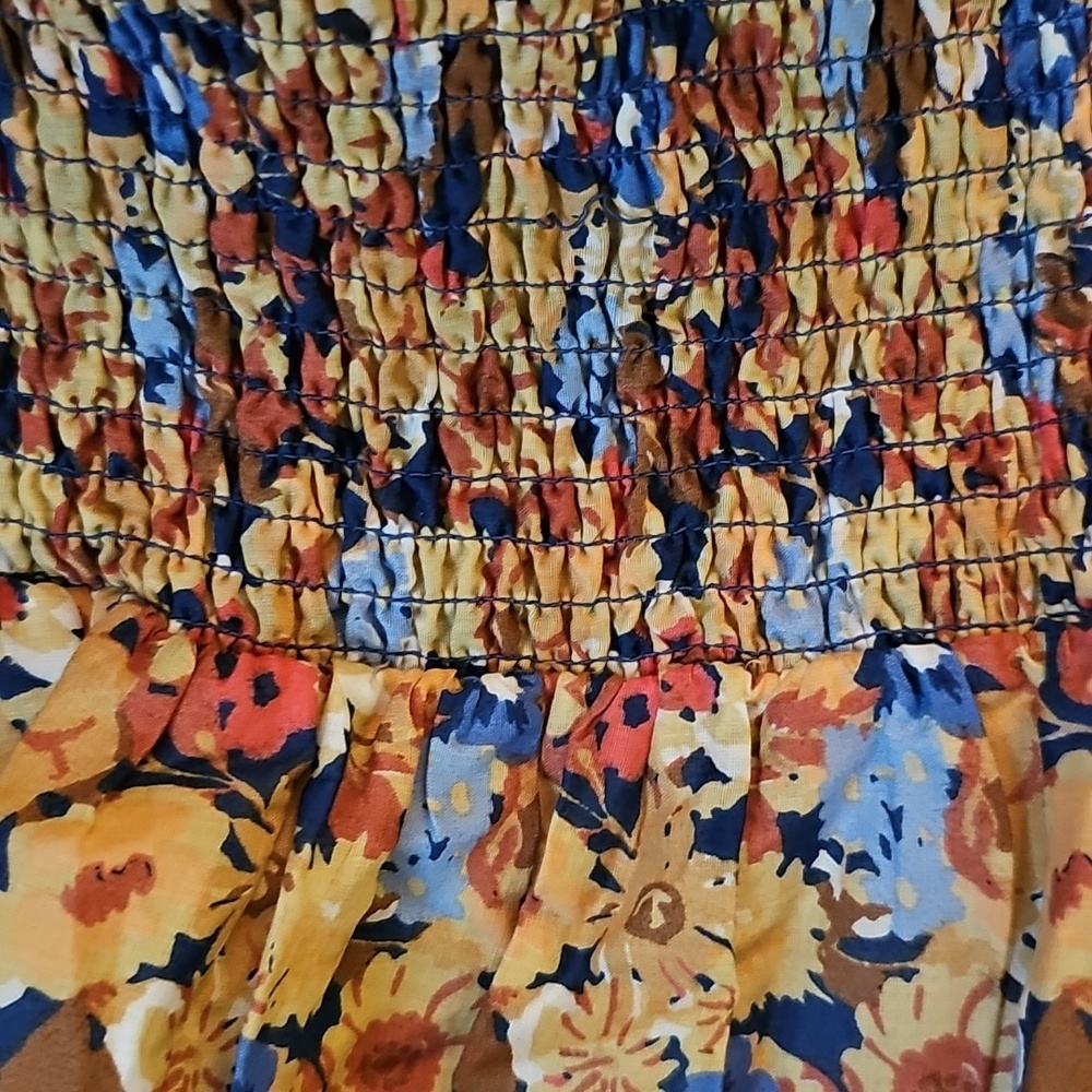 Smocked Waist Floral Maxi Dress Blue & Tan - Picture 3 of 3